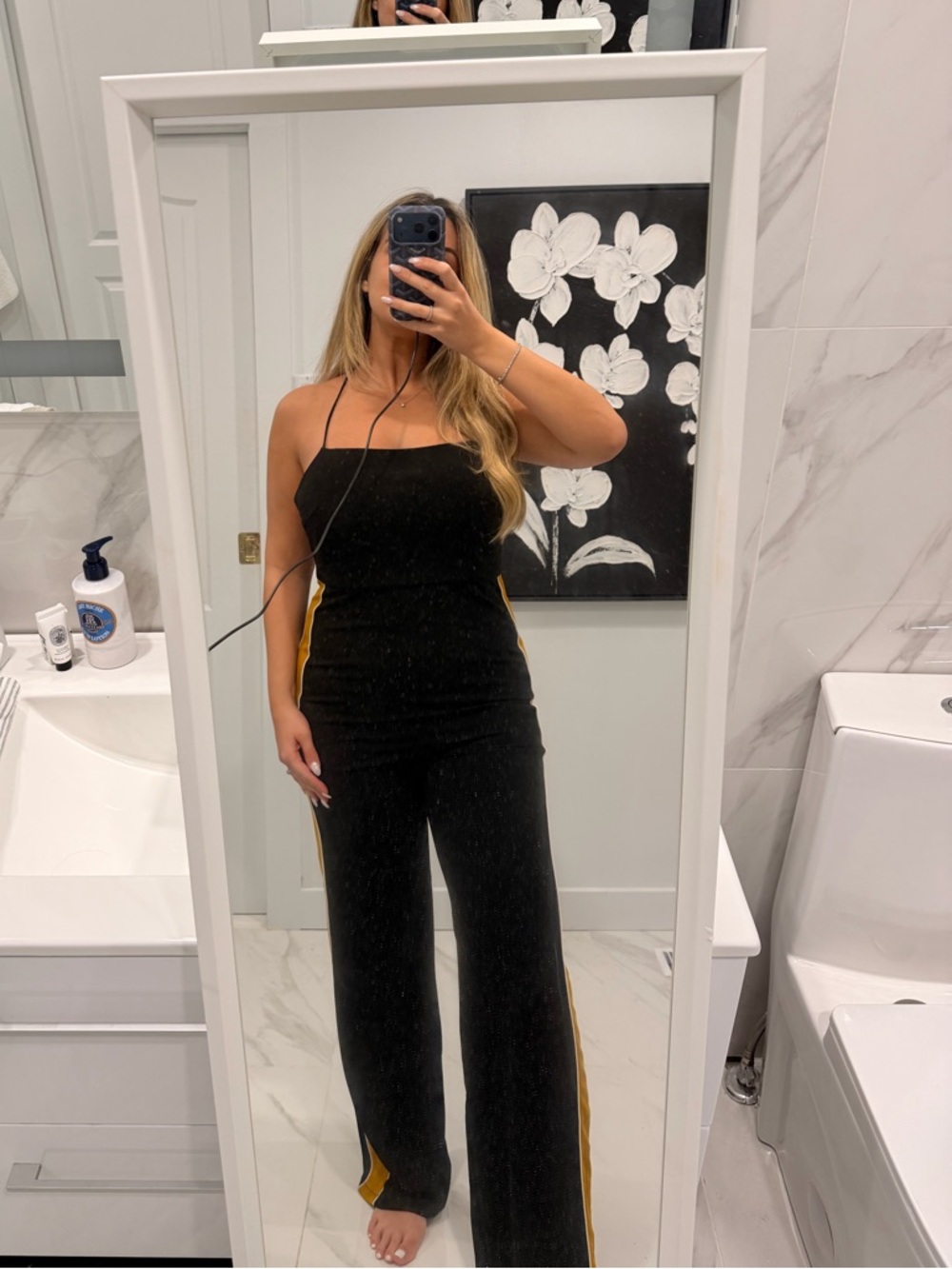 Kookai Black Strapless Wide-Leg Jumpsuit with Yellow Side Stripe